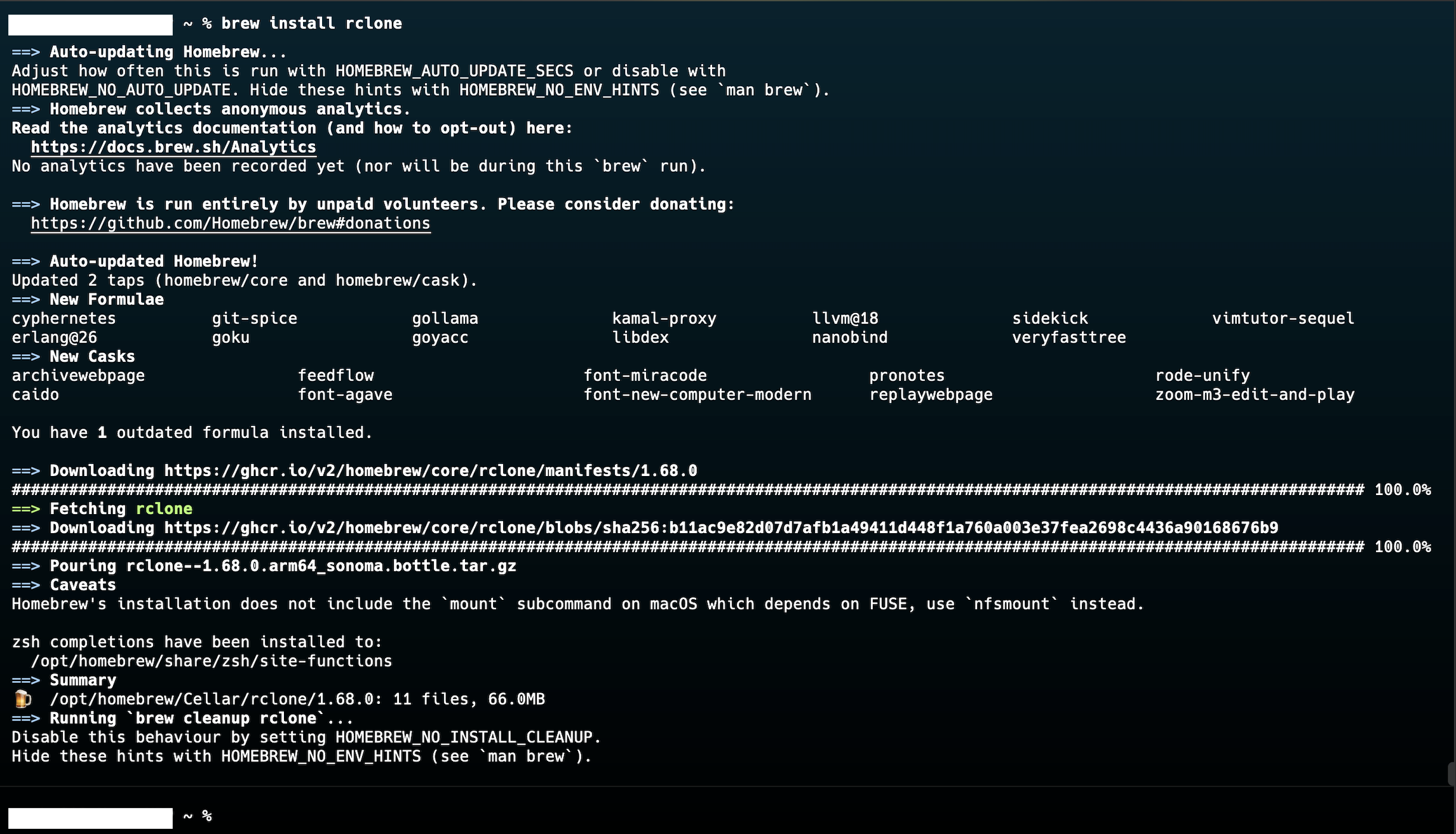 Warp Terminal Screen Capture of Installing rclone